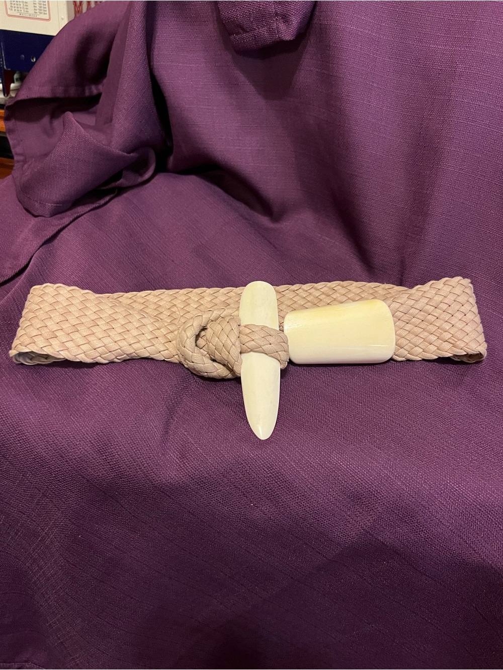 Vintage Woven Beige Braided Belt with Ivory Toggle